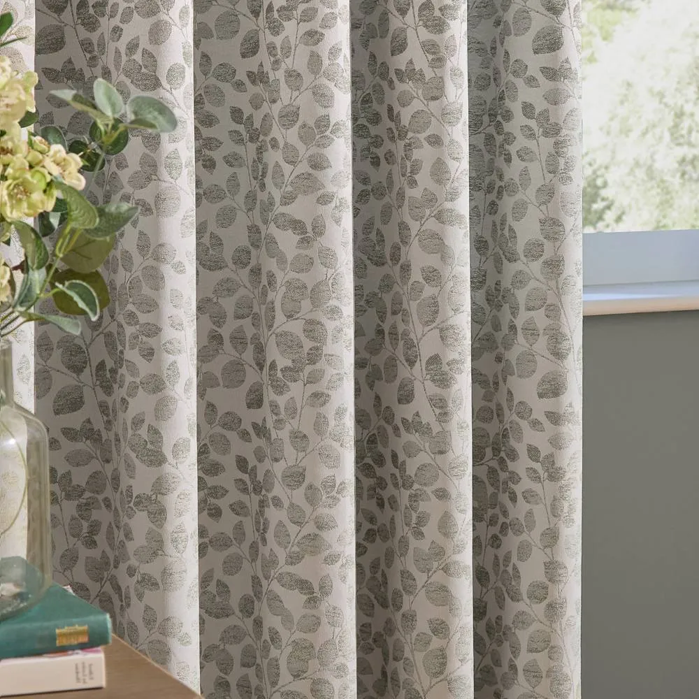 Wylder Grace Leaf Jacquard Fully Lined Pencil Pleat Curtain Pair in Grey 4