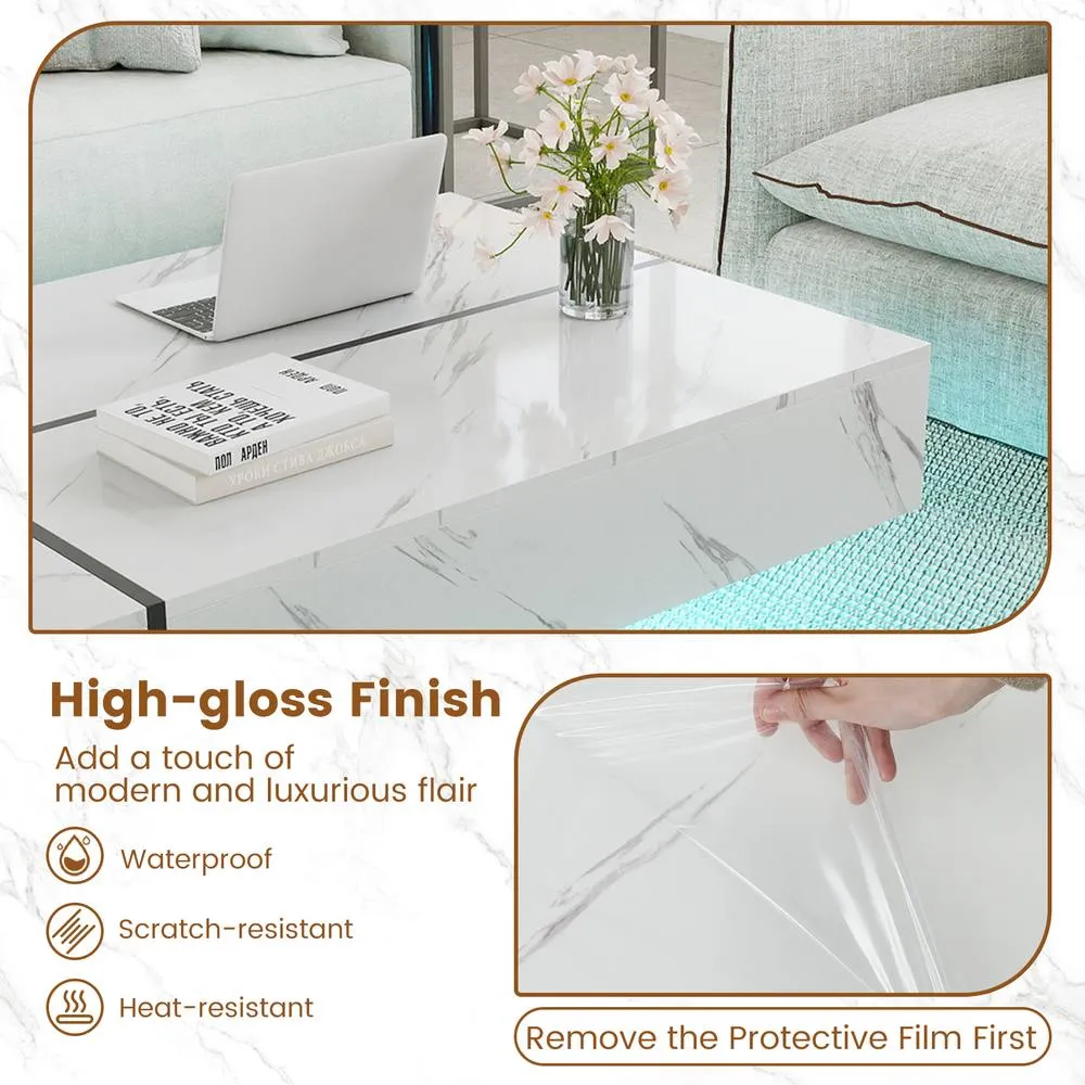 Costway Modern LED Coffee Table Rectangular Cocktail Center Table w/ 3 Drawers in White 6