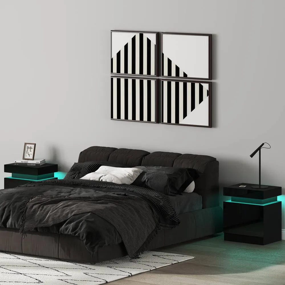 HOMCOM High Gloss Bedside Table Set of 2 with LED Light & 2 Drawers, Black