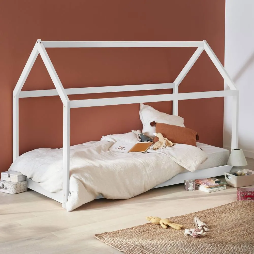 sweeek Children's hut bed in natural pine, bed base included in White