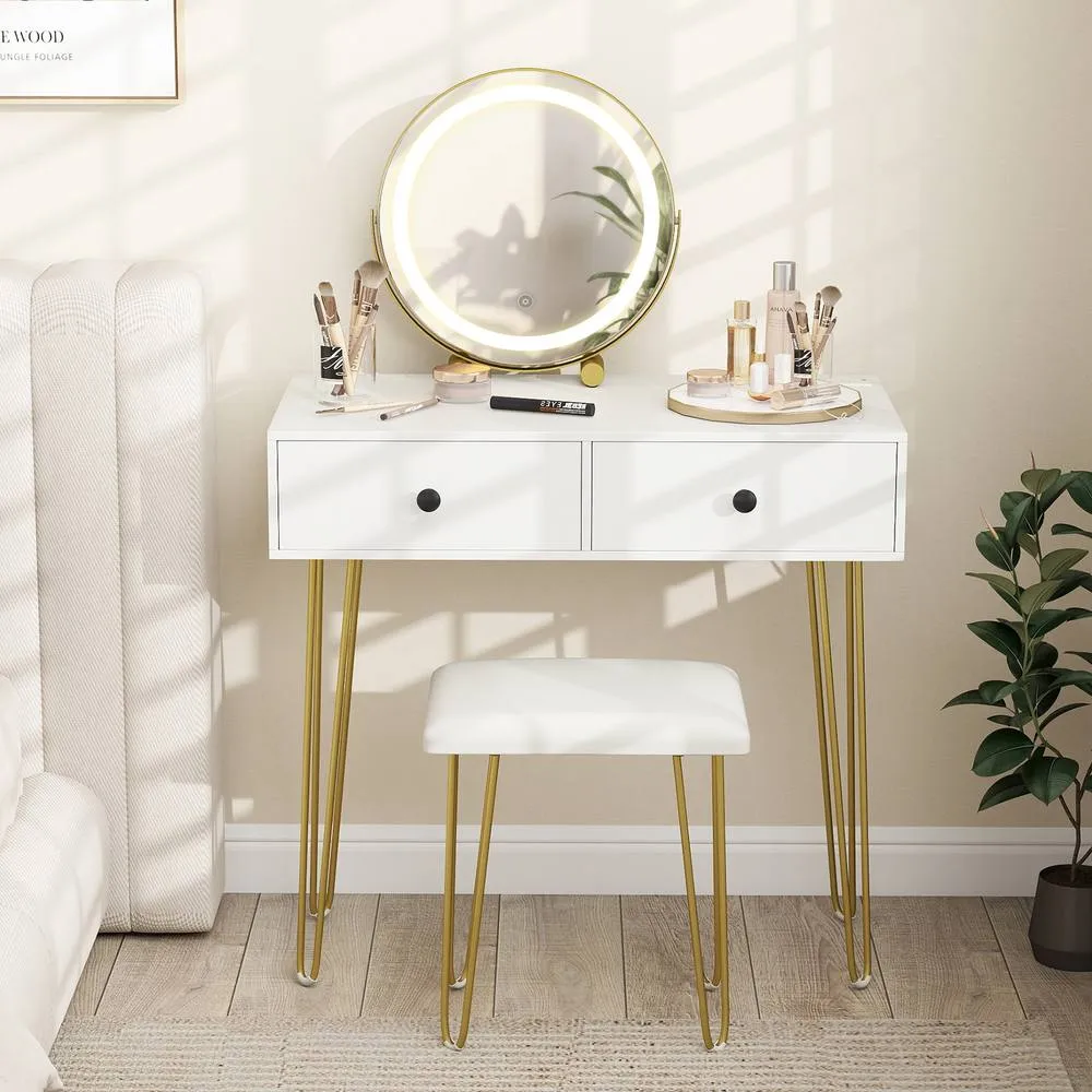 Costway Vanity Set w/Mirror & Lights Dressing Table & Stool w/Charging Station in White 4