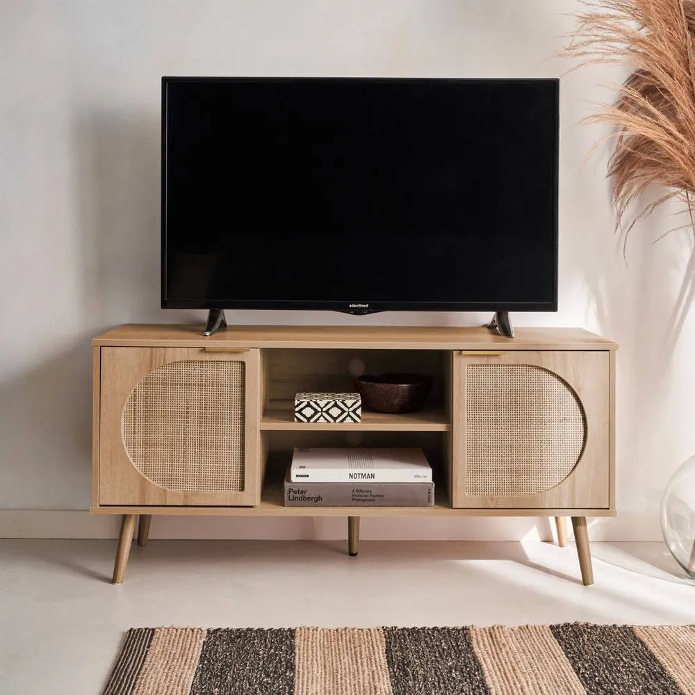 sweeek 120cm Tv Unit Woodenn Effect Rounded Cane Rattan 2 Doors in Light Brown
