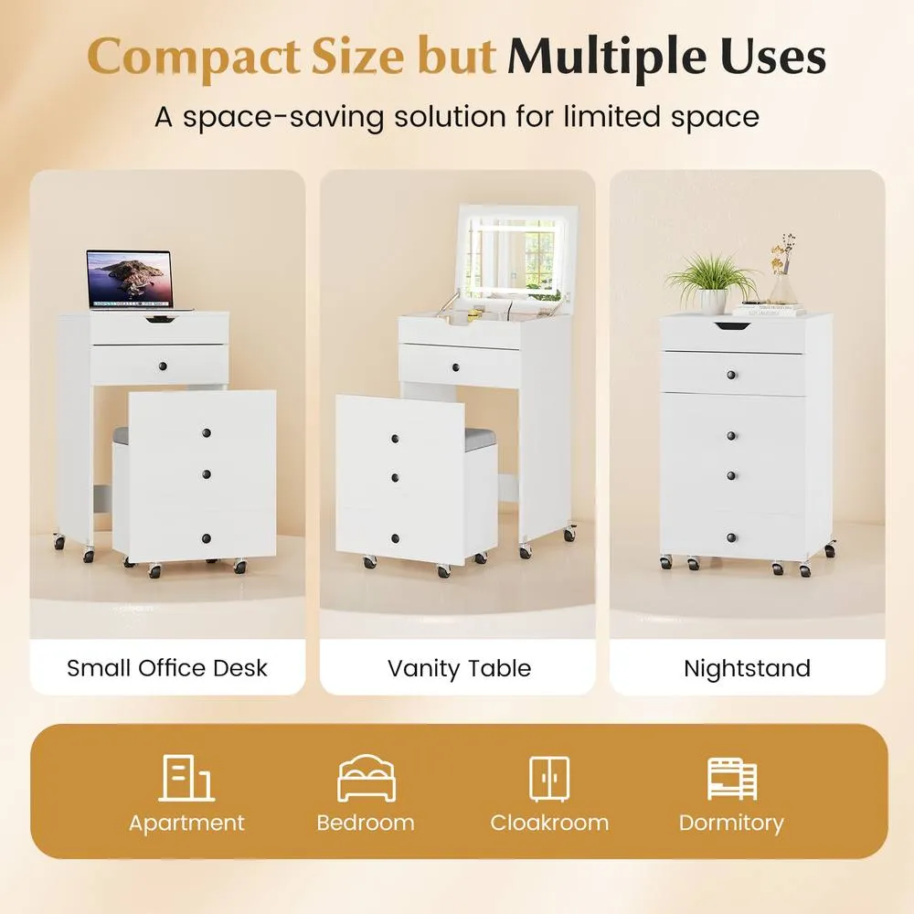 Costway 3-in-1 Vanity Desk Set w/Flip-top Mirror & Lights Makeup Table w/Stool in White 3