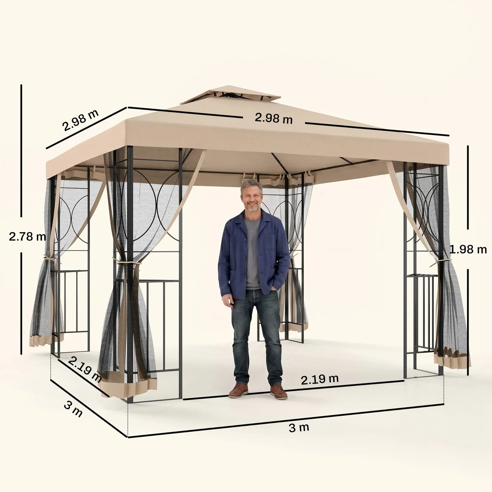 OUTSUNNY 3x3Metre Gazebo Patio Pavilion Canopy Tent with Netting & Shelf in Beige 3