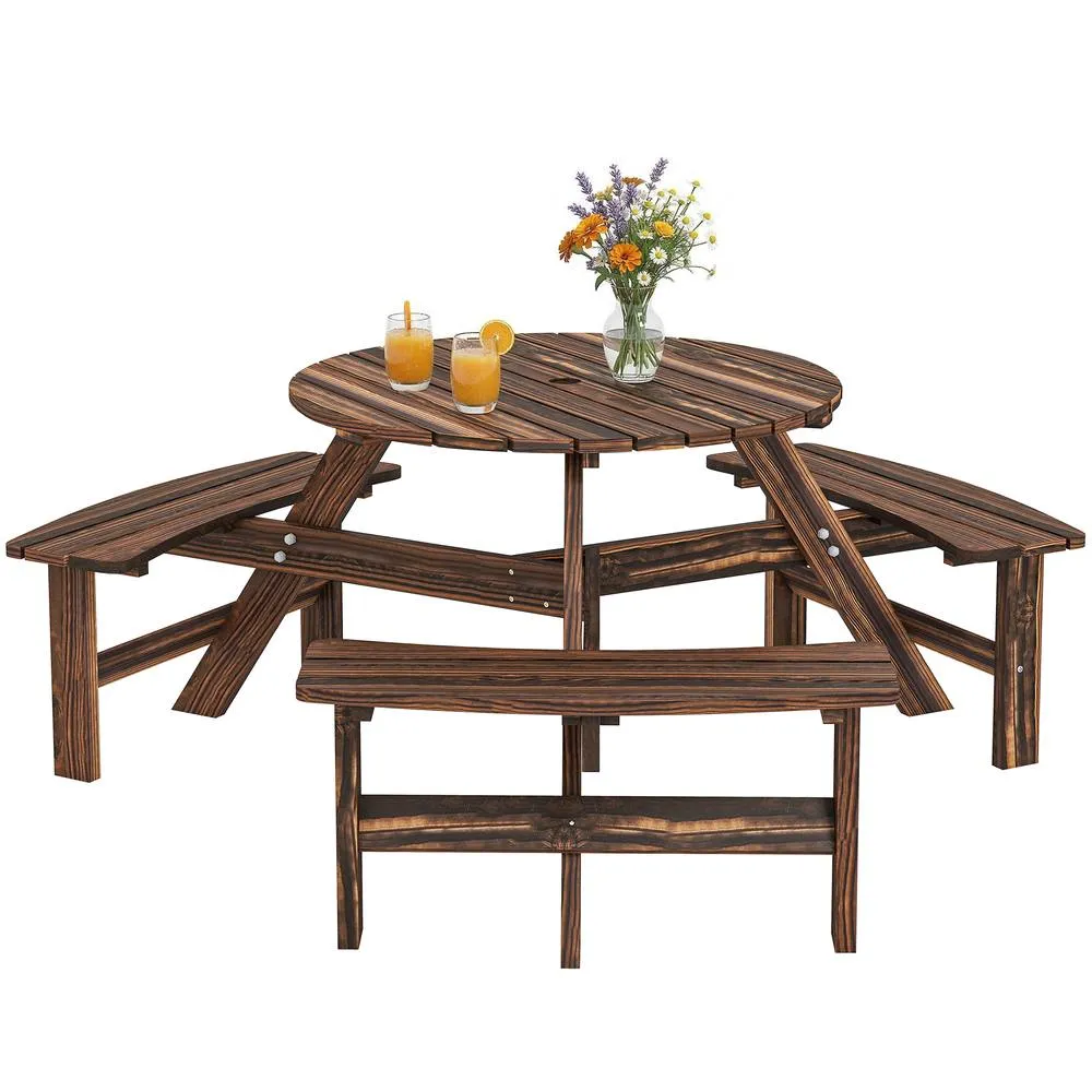 OUTSUNNY 6 Person Fir Wood Table Bench Set Outdoor Garden Patio, Carbonized in Brown 2