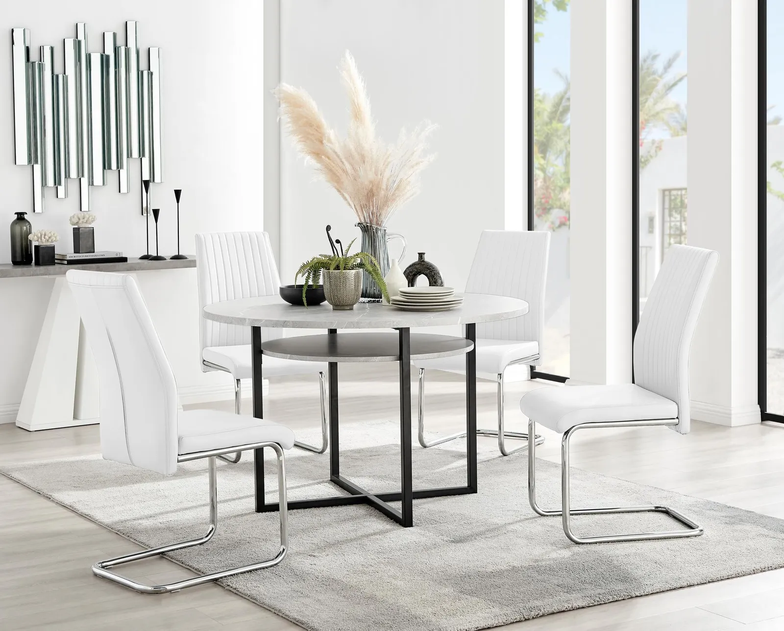 FurnitureboxUK Adley Grey Concrete Effect Round Dining Table & 4 Lorenzo Faux Leather Chairs in White