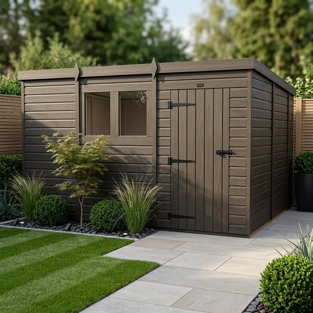 Buttercup Farm 11ft x 10ft Composite Pent Garden Shed Single Door With Windows in Grey 2