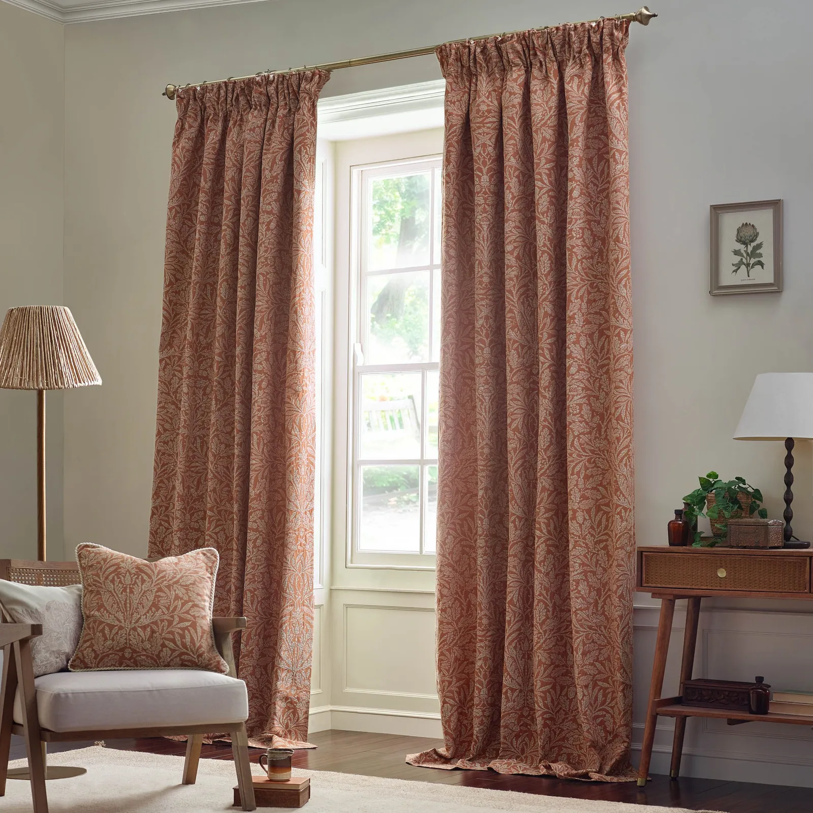 Morris & Co Acorn Tonal Fully Lined Matt Jacquard Pencil Pleat Curtains in Red 2