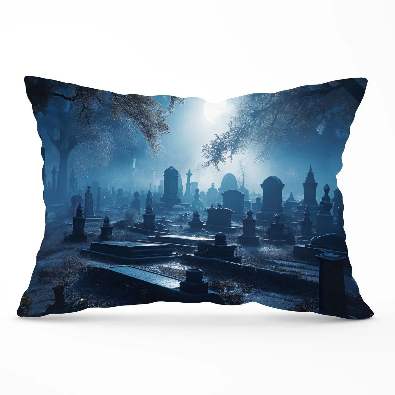 Warren Reed - Designer A Breathtaking Scene Of A Moonlit Graveyard Cushions in Blue
