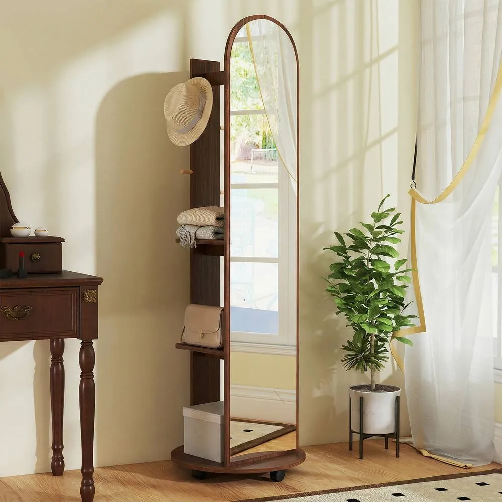 HOMCOM 2-in-1 Full Length Mirror with Shelves, 4 Wheels in Brown 1