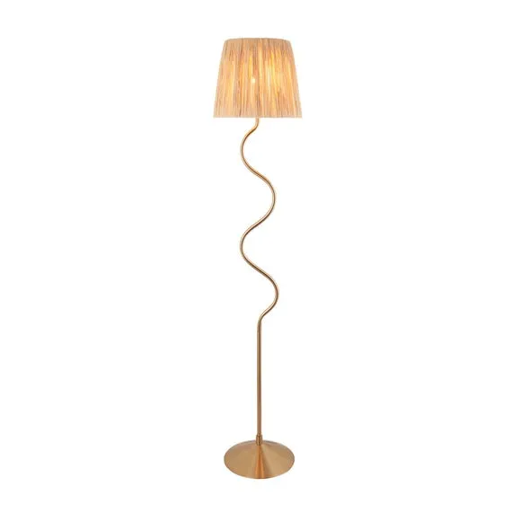 Endon Collection Wriggle Floor Lamp With Tapered Shade Brushed Aged Brass Plate Natural Raffia 1X E27, Gold 6