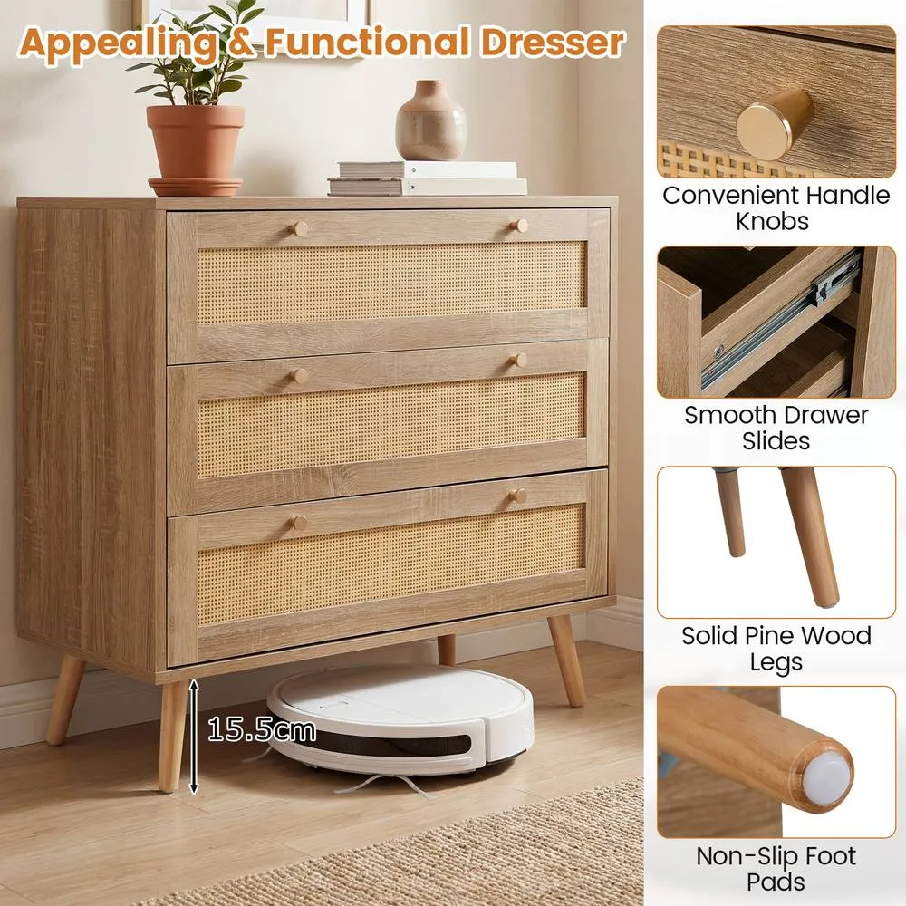 Costway Boho 3-Drawer Rattan Dresser Wooden Nightstand Side Table w/ 3 Drawers in Natural 4
