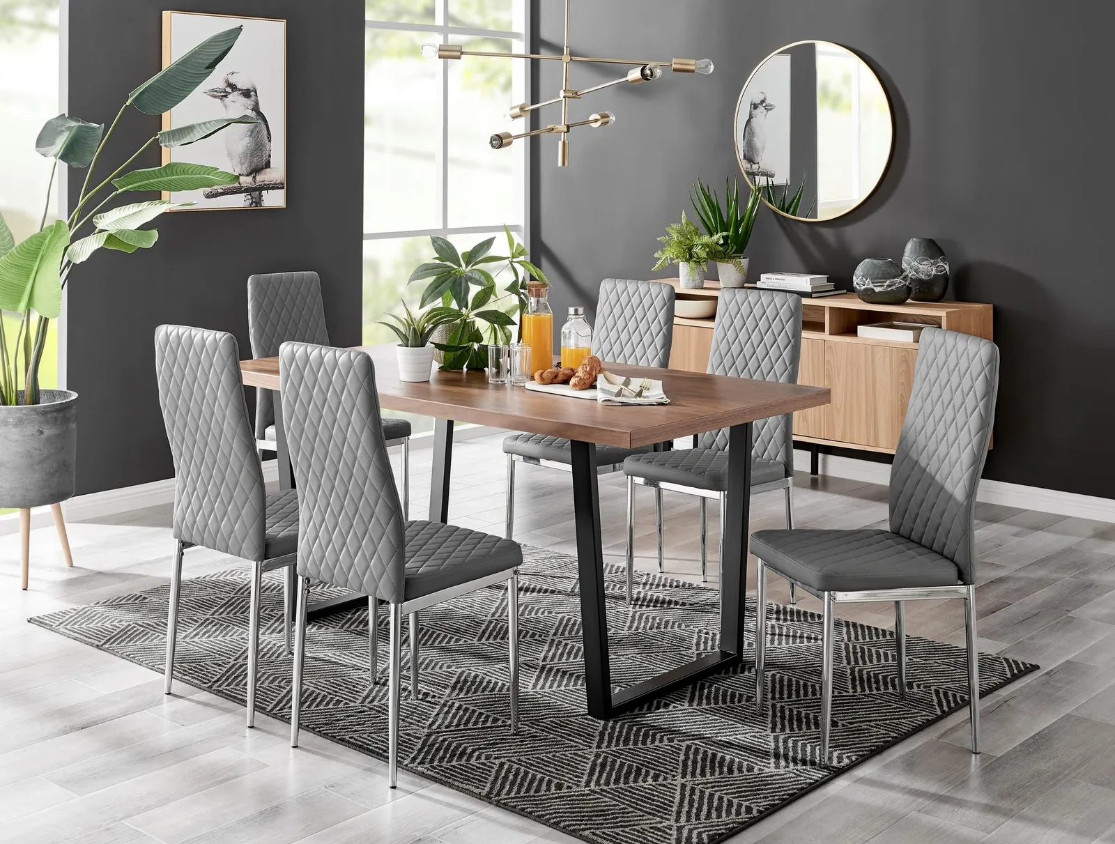 FurnitureboxUK Kylo Large Brown Wood Effect Dining Table & 6 Milan Chrome Leg Faux LeatherChairs in Grey