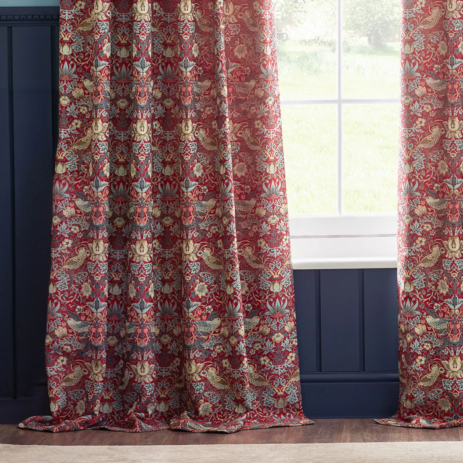 Morris & Co Strawberry Thief Jacquard Floral Room Darkening Pencil Pleat Curtain Pair in Red 5