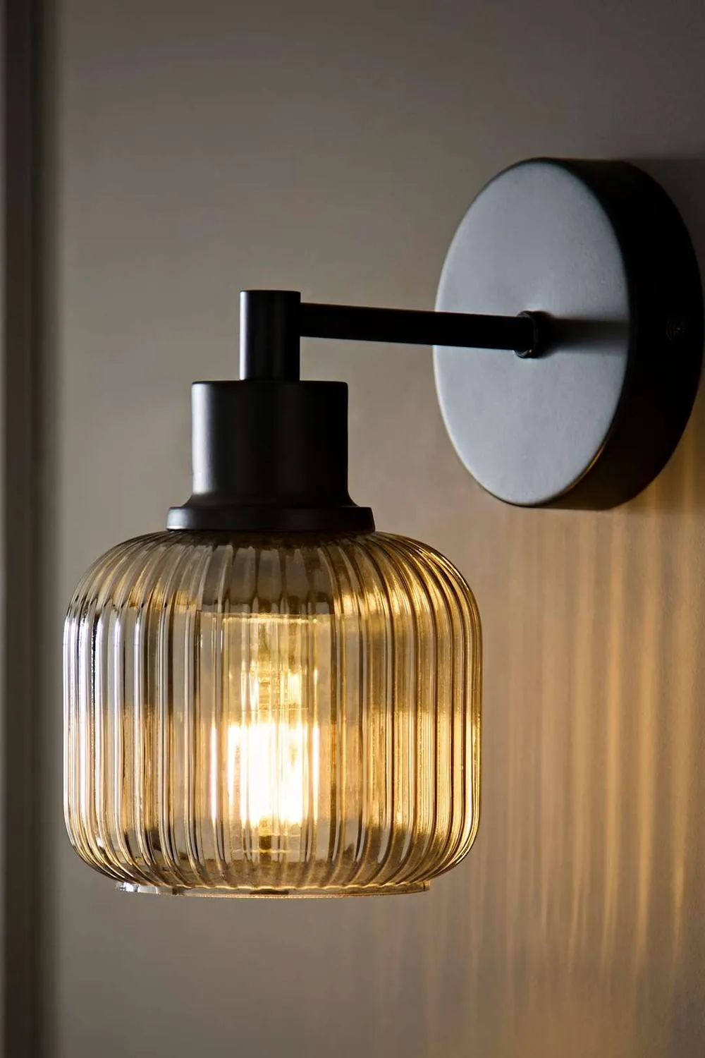 ValueLights Calpe Pair Ribbed Glass Semi Flush Metallic Arm Wall Light & Bulb in Black 3