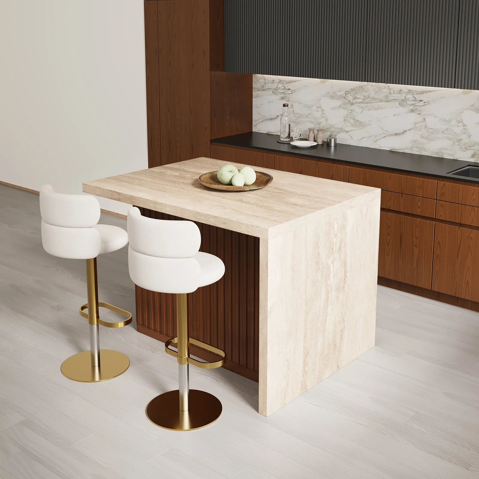 1270mm Modern Kitchen Island Walnut Laminate & 2 Counter Stools Set Storage Cabinet