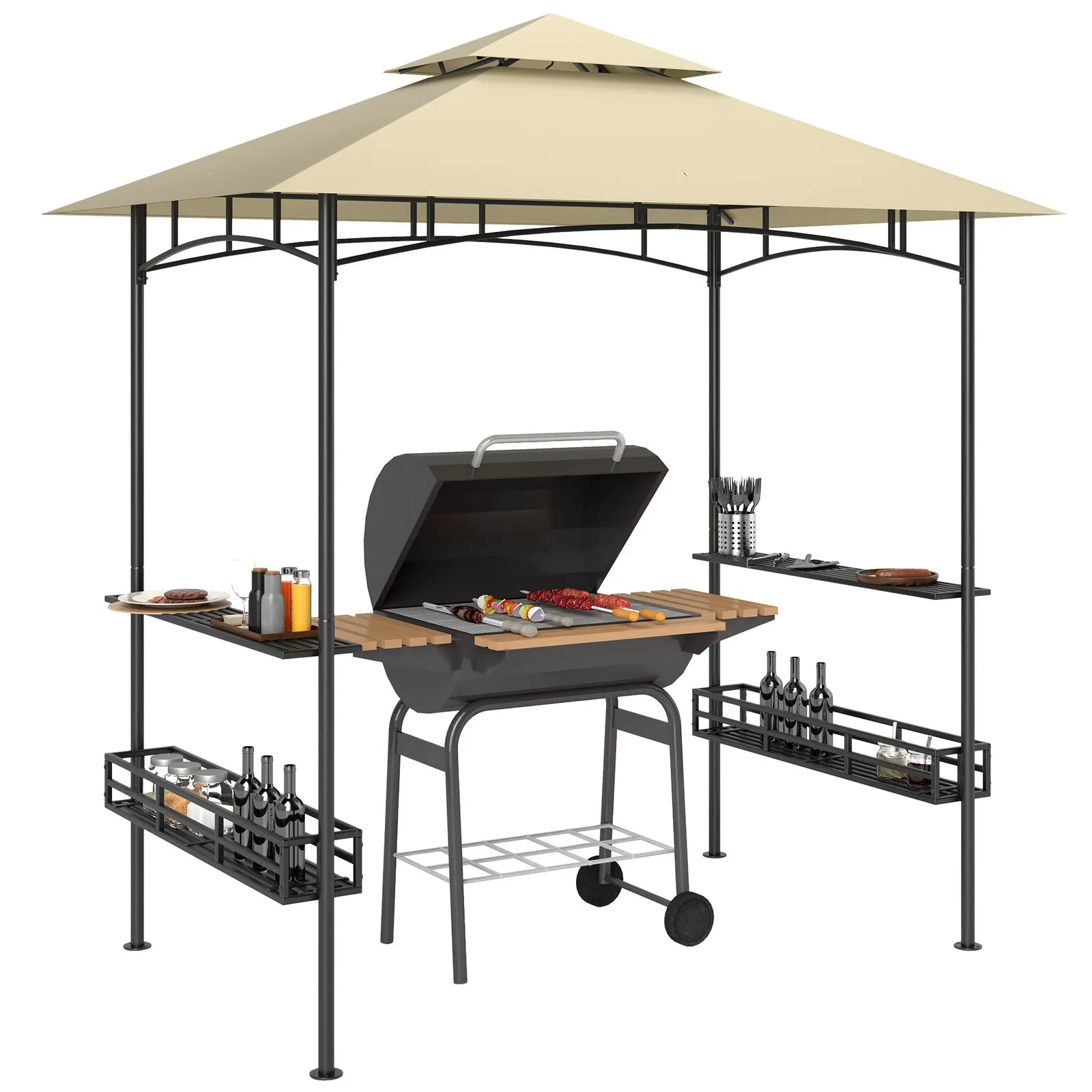 OUTSUNNY 240 x 150cm Grill Gazebo Canopy with 2 Side Shelves, Hook, Beige 2