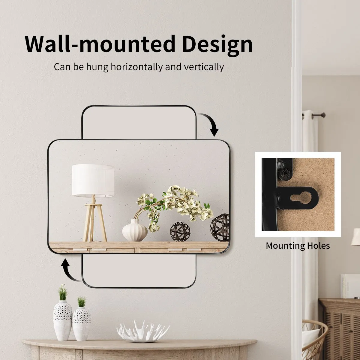 Costway 81 x 51cm Bathroom Wall Mirror Rectangular Wall Hanging Mirror Rounded Corner in Black 3