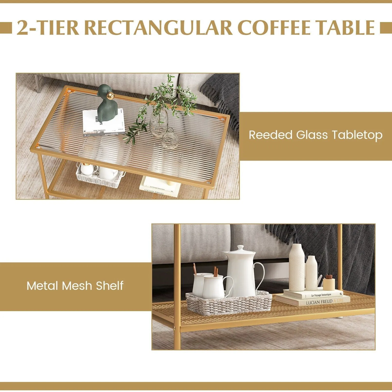 Costway 2-Tier Coffee Table Rectangle Cocktail Accent Table with Tempered Glass Top in Gold 6