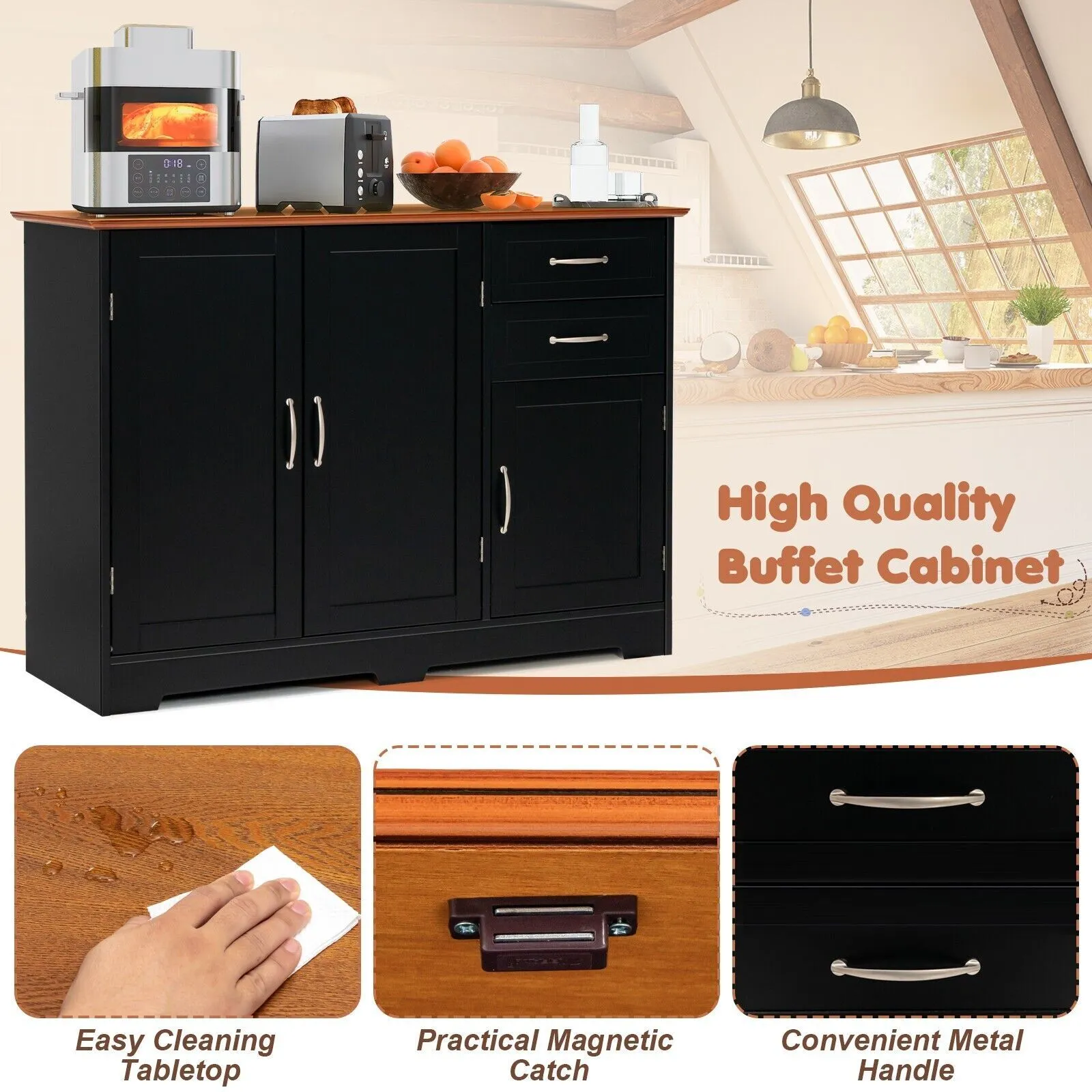 Costway Buffet Cabinet Kitchen Modern Storage Cabinet with Adjustable Shelf in Black 5