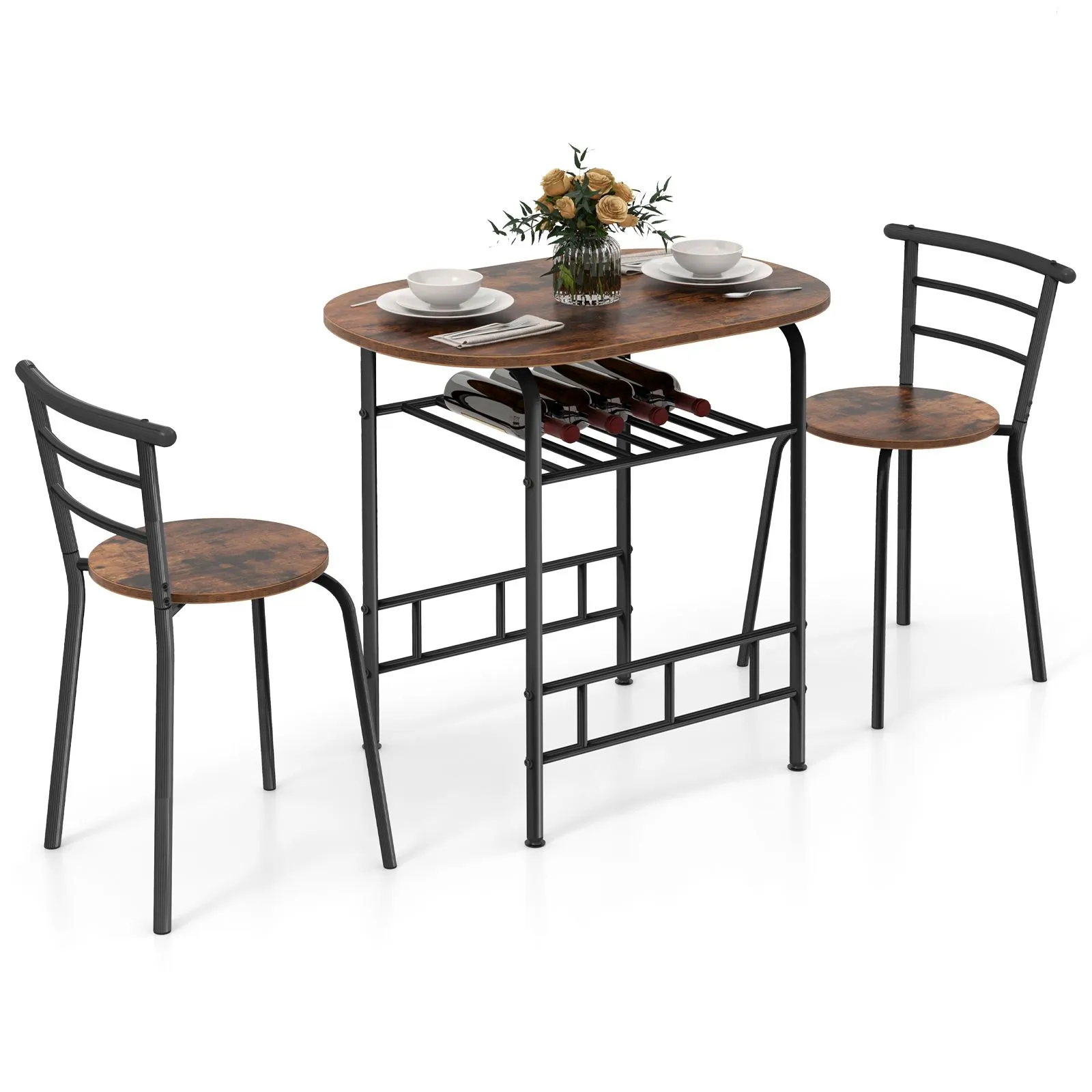 Costway 3-Piece Dining Table Set Kitchen Breakfast Nooks Table & Chairs in Brown 5