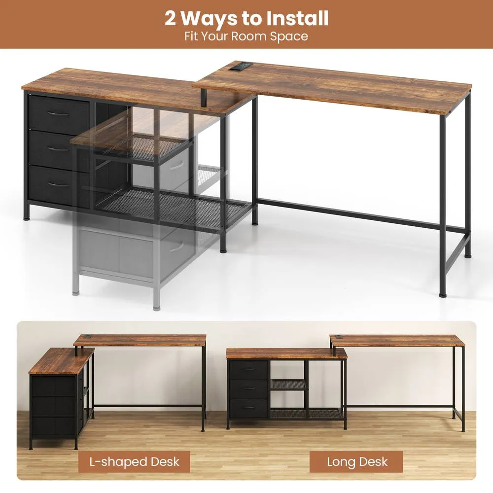 Costway L-Shaped Computer Desk with Drawers Convertible Home Office Desk in Brown 6