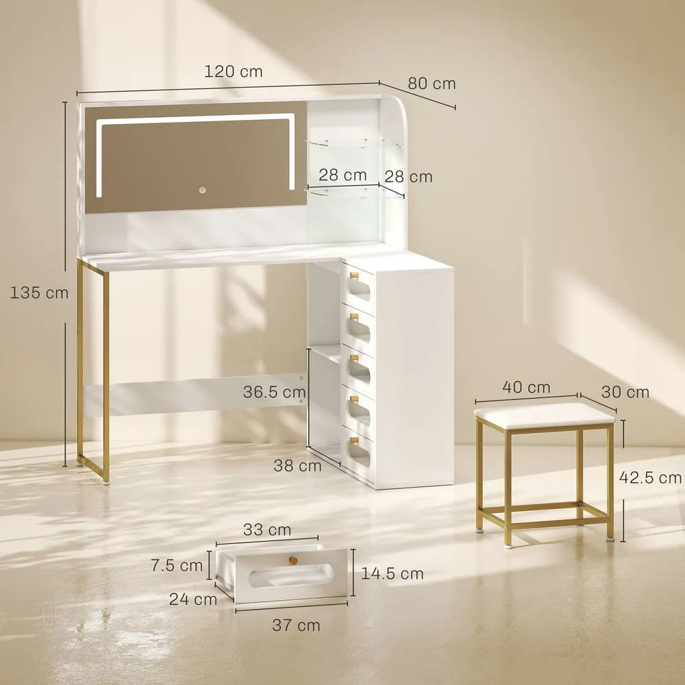 HOMCOM Dressing Table with LED Mirror & Stool, Drawers, Vanity Desk, White 3