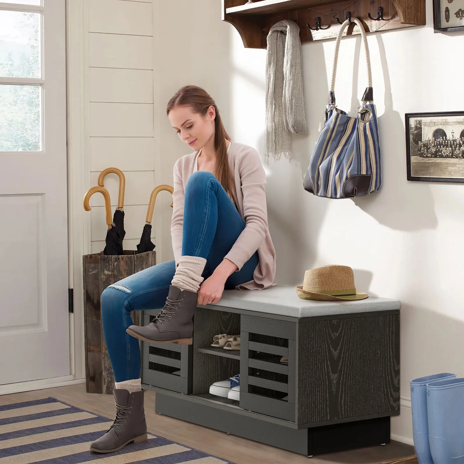Costway Shoe Rack Storage Bench Organizer W/Cushion Adjustable Shelf Slide Door Grey 4