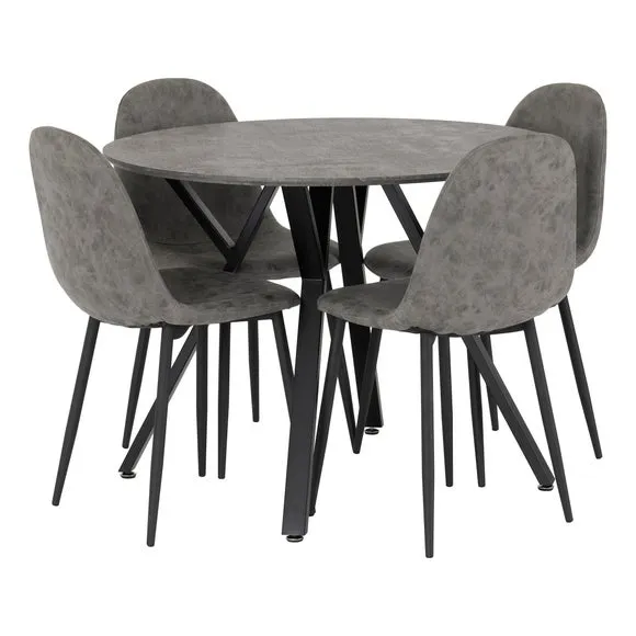 Athens 4 Seater Round Dining Table with 4 Chairs, Grey Concrete Effect