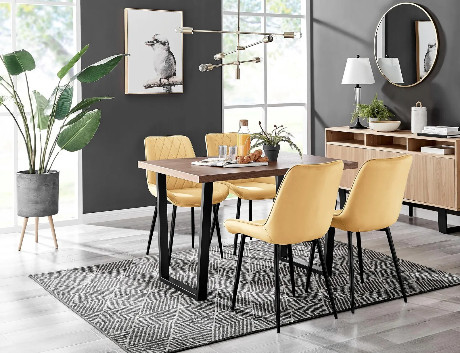 FurnitureboxUK Kylo Brown Wood Effect Dining Table With Black 'U' Legs & 4 Pesaro Velvet Chairs in Mustard 1