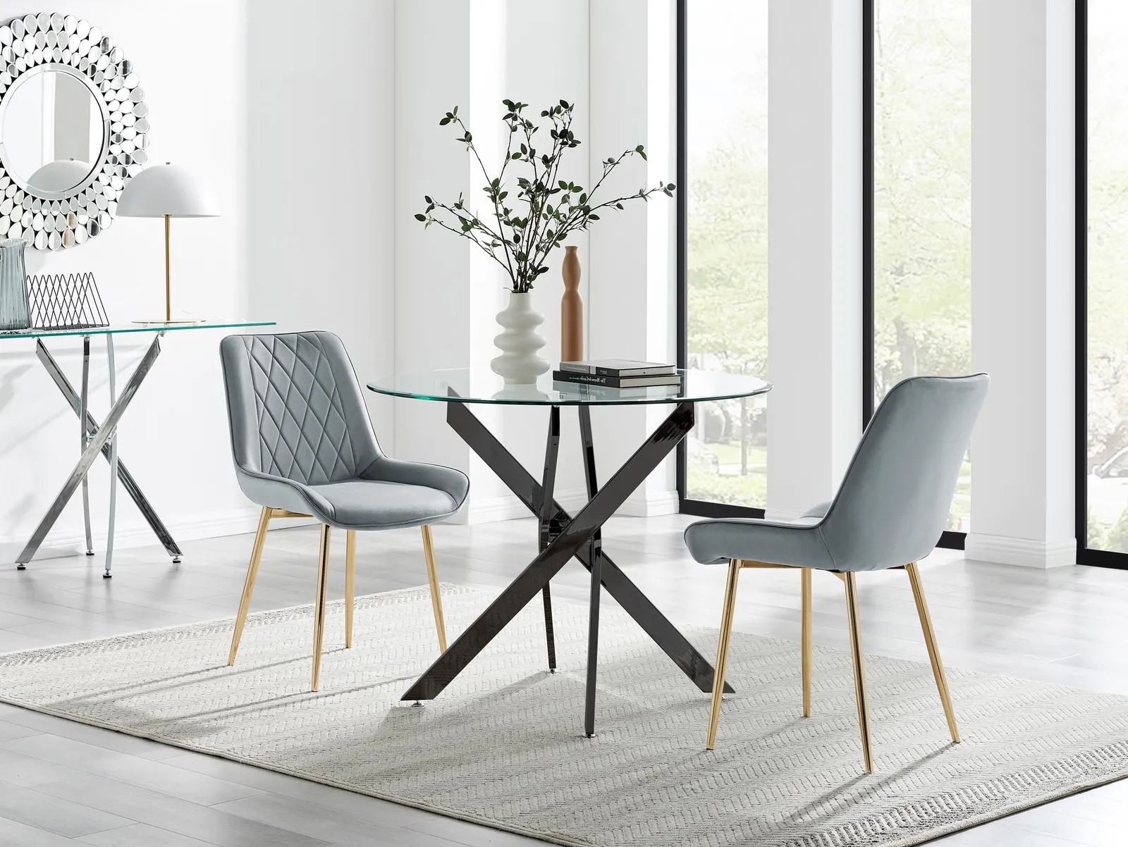 FurnitureboxUK Novara 100cm Round Black Leg Dining Table & 2 Pesaro Gold Leg Chairs in Grey 1