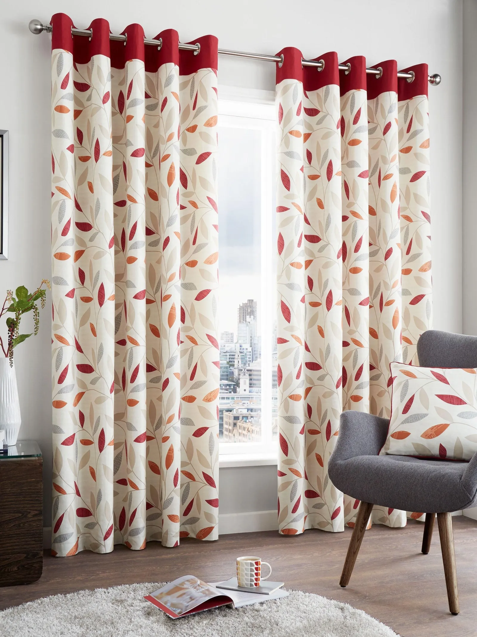 Fusion 'Beechwood' Leaf Trail Pair of 100% Cotton Eyelet Curtains in Red