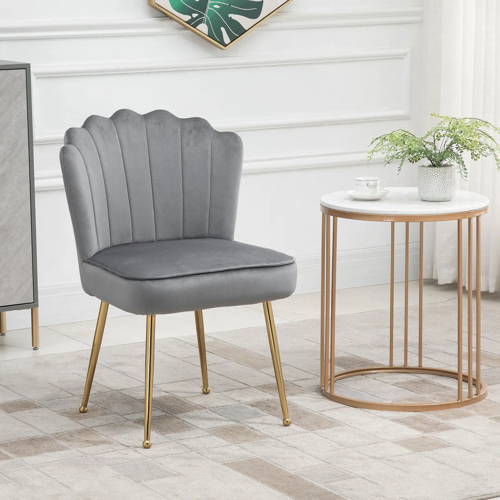 HOMCOM Velvet-Feel Shell Luxe Accent Chair Home Bedroom Lounge Metal Legs in Grey