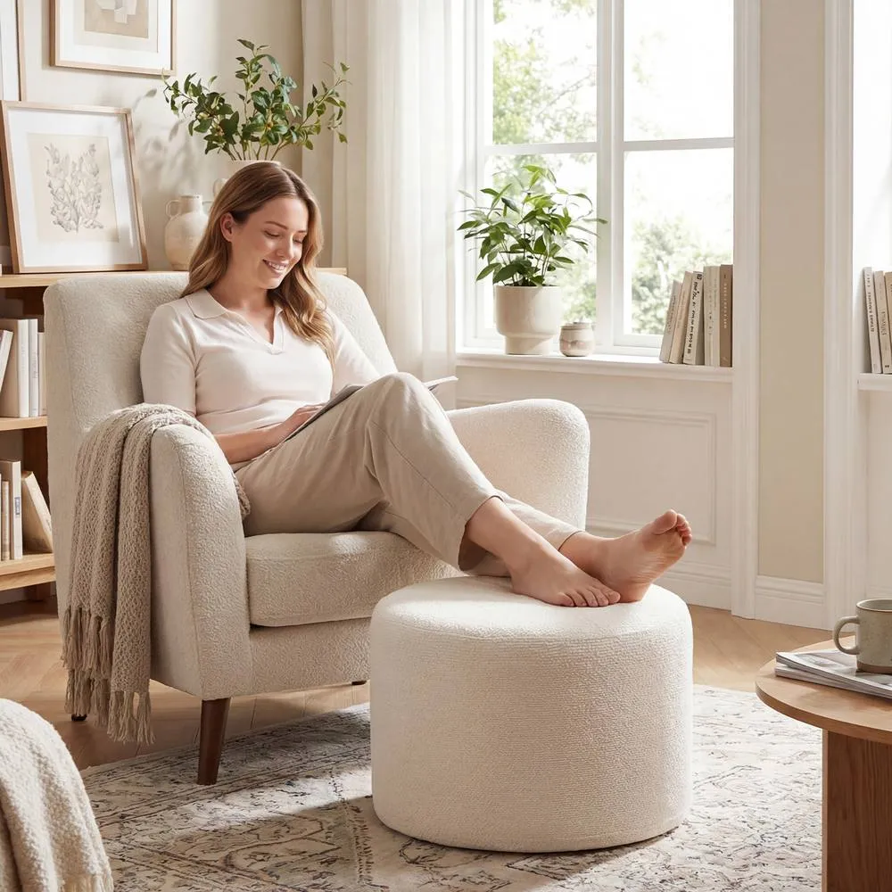 Costway 45cm x 35cm Pouf Ottoman Soft Foam Filled Ottoman w/ Detachable Cover in White 5