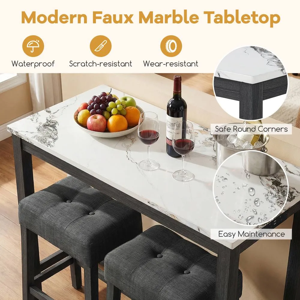 Costway 3PCS Bar Table Set w/ Charging Station Modern Pub Table w/ 2 Stools in White 4