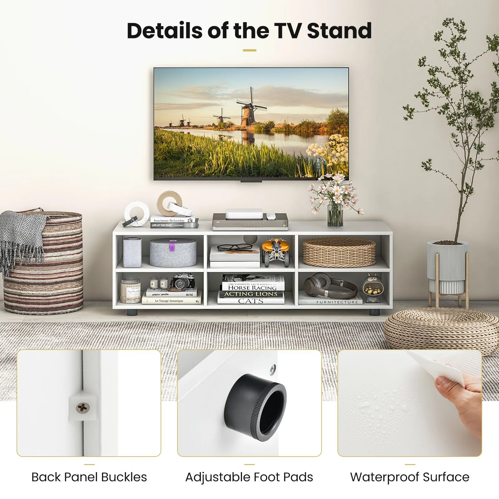Costway TV Stand for TVs up to 55 Inches Wooden 6 Storage Compartments TV Cabinet Table in White 3