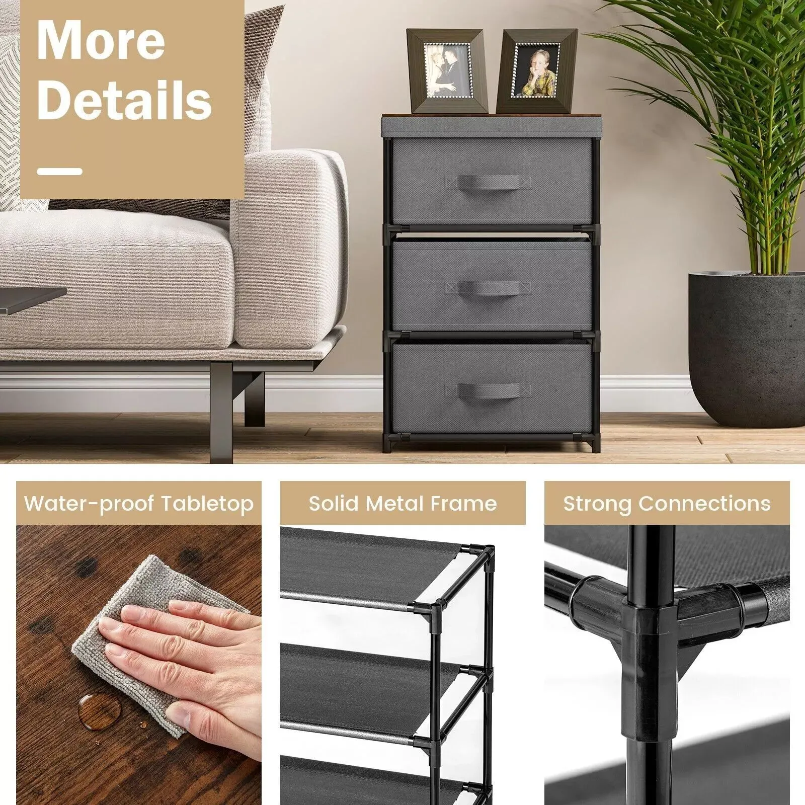 Costway 3 Chests of Drawers 3-Tier Nightstand Organizer Fabric Dresser with Metal Frame in Grey 4