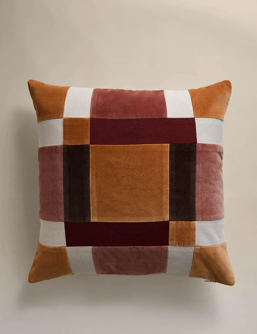 M&S Pure Cotton Velvet Patchwork Cushion Cover Rust Mix