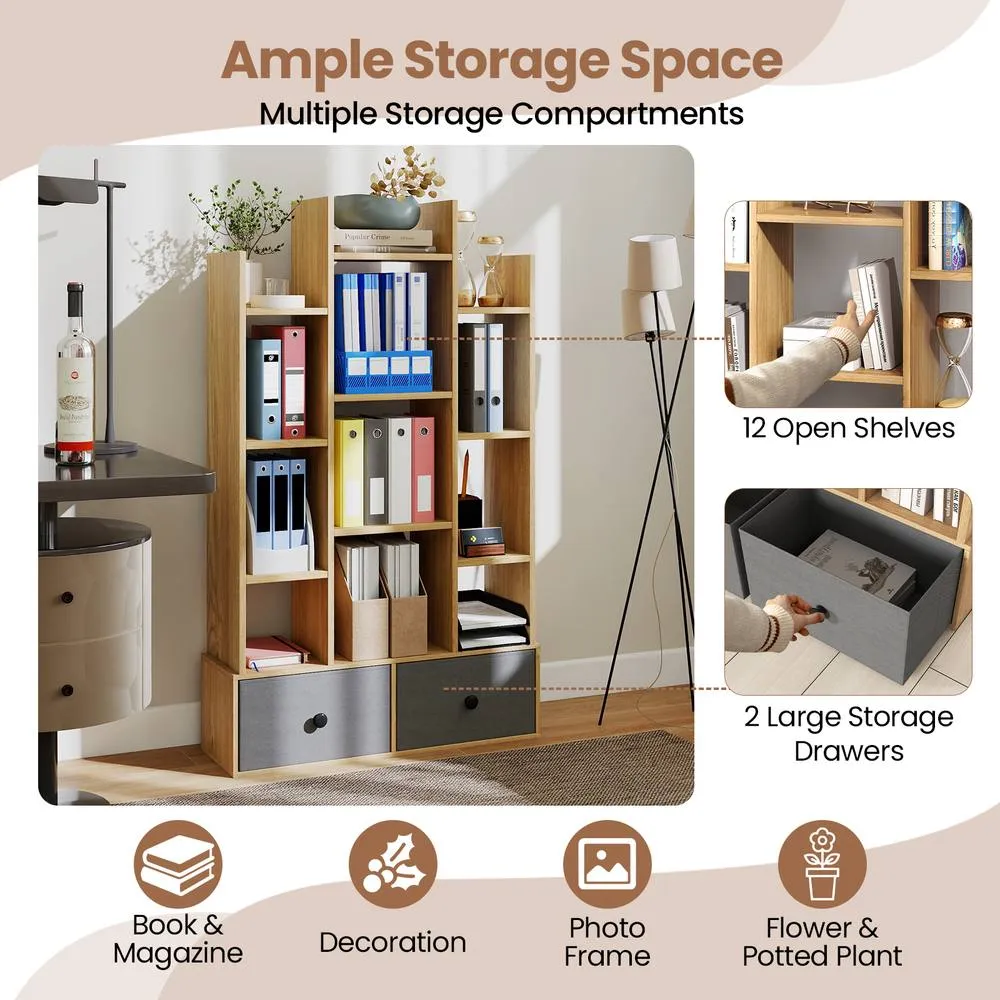 Costway 12 Tier Bookshelf Open Storage Wood Bookcase Organizer Display Shelf in Natural 4
