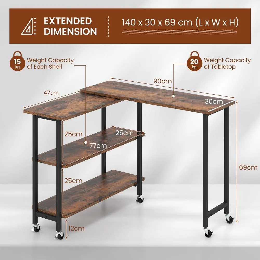 Costway L shaped Mobile 360 Rotating Corner Computer Desk Laptop Computer PC Desk Home Office in Brown 2