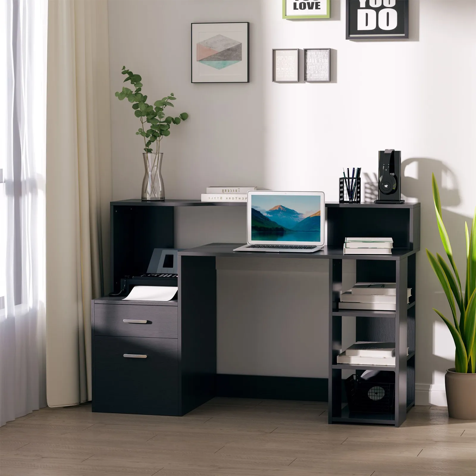 HOMCOM Multi-Storage & Workstation Desk Table Storage Shelves Home Office in Black