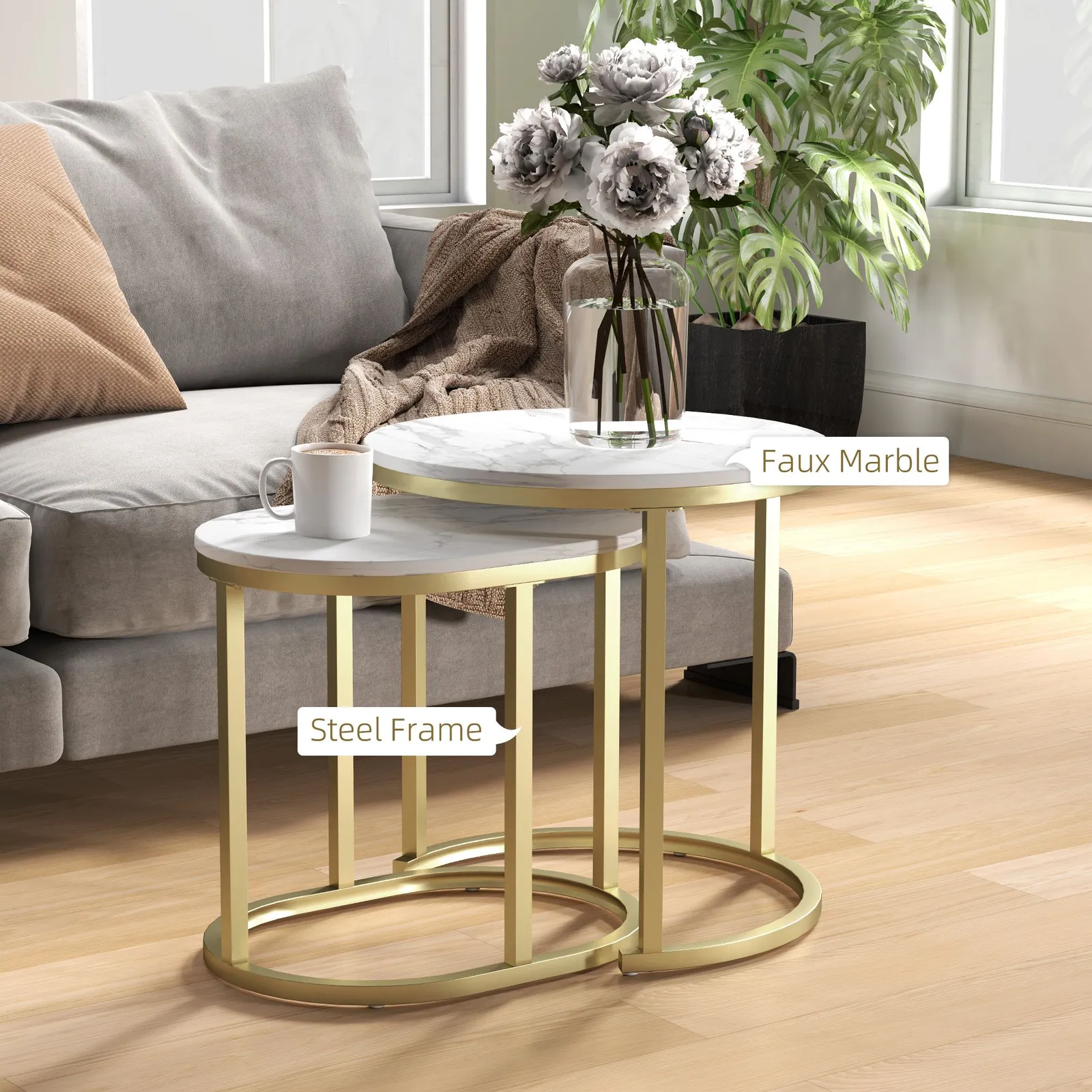 HOMCOM 2 Pcs Coffee Table with Faux Marble Tabletop White 6