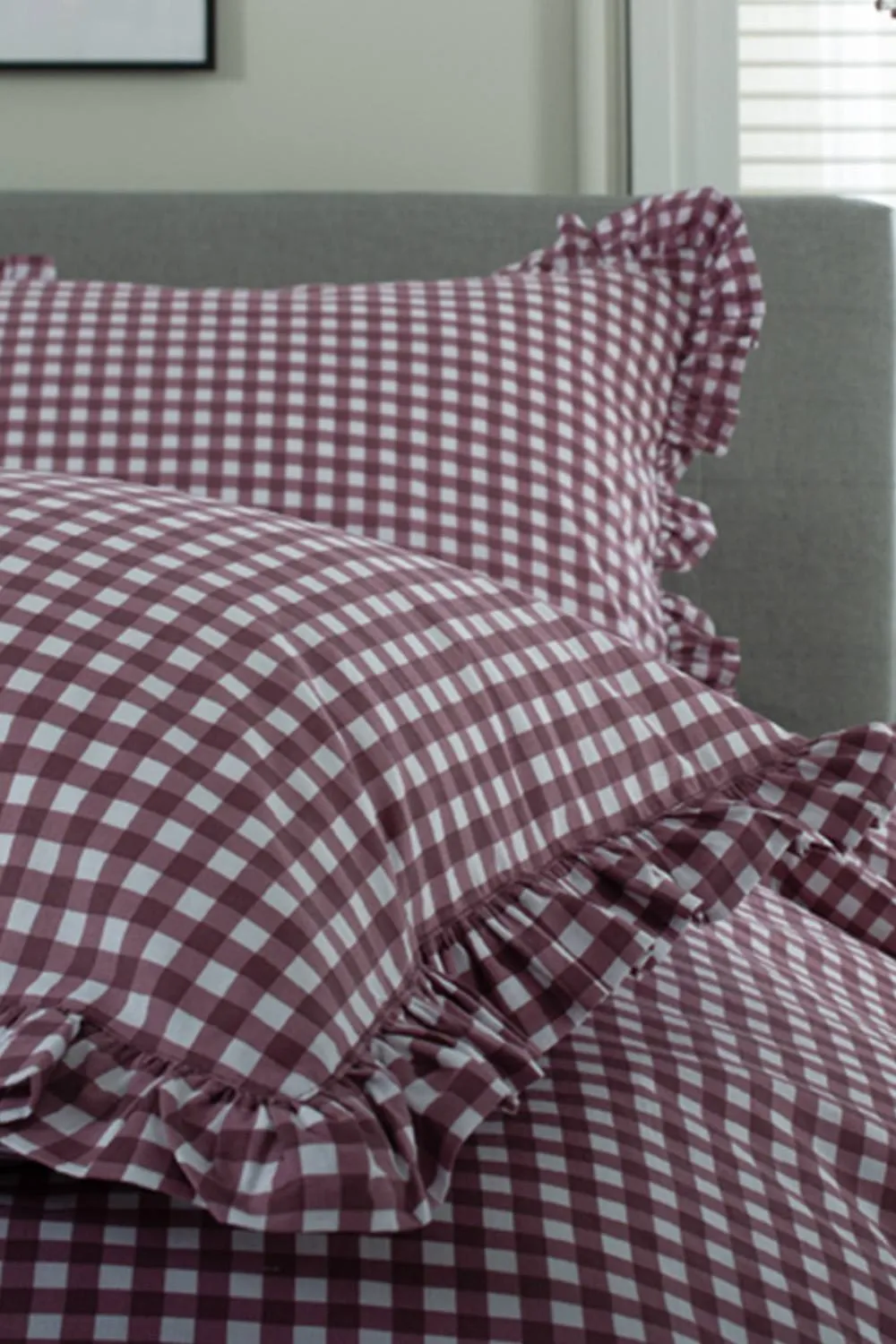 The Lyndon Company Gingham Frilled Cotton Duvet Set Printed with Frill Detailing in Burgundy 4