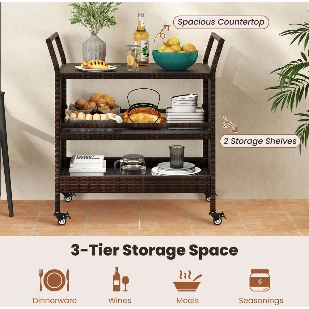Costway Outdoor Bar Cart 3-Tier Patio Rattan Storage Shelf-Brown in Brown 4