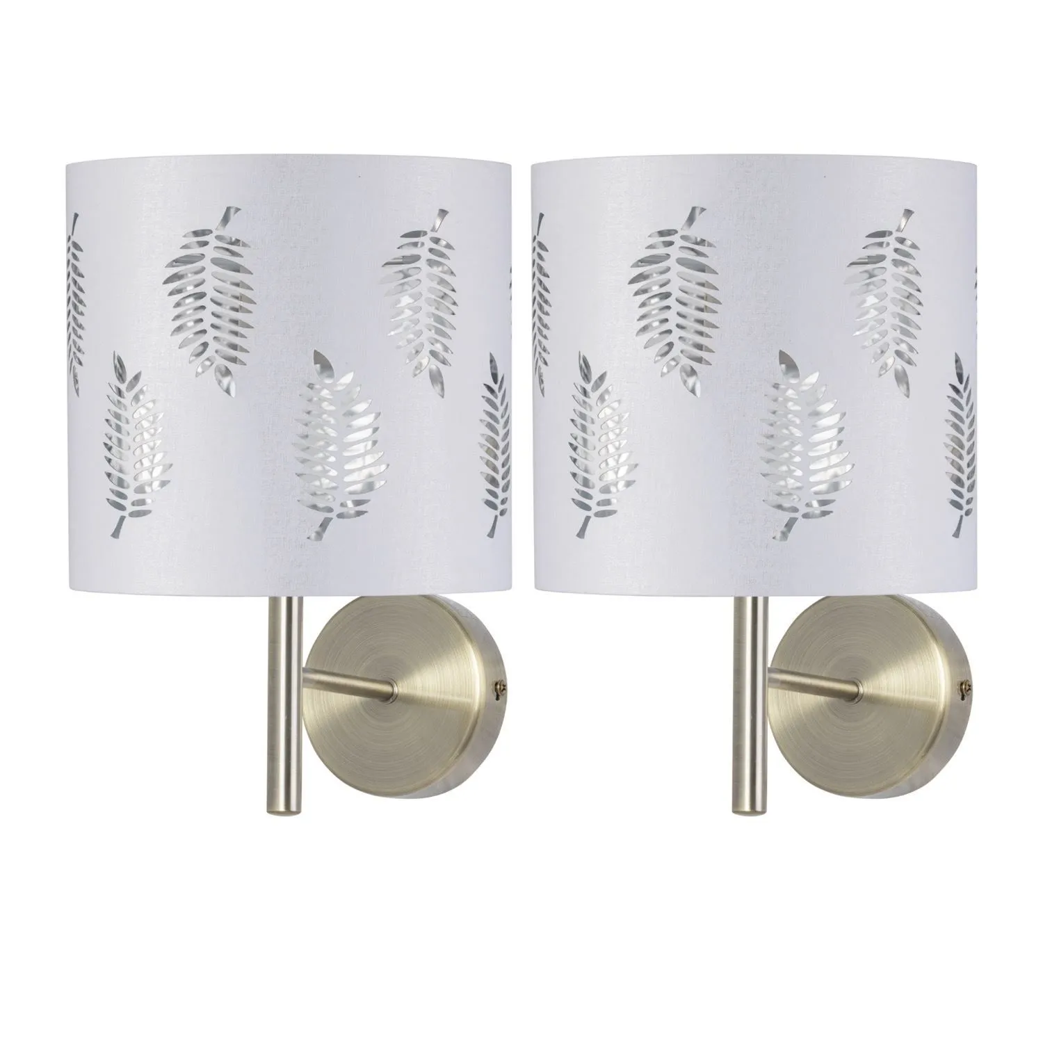 First Choice Lighting Set of 2 Brea - Antique Brass Wall Lights with White Fern Shades in Gold