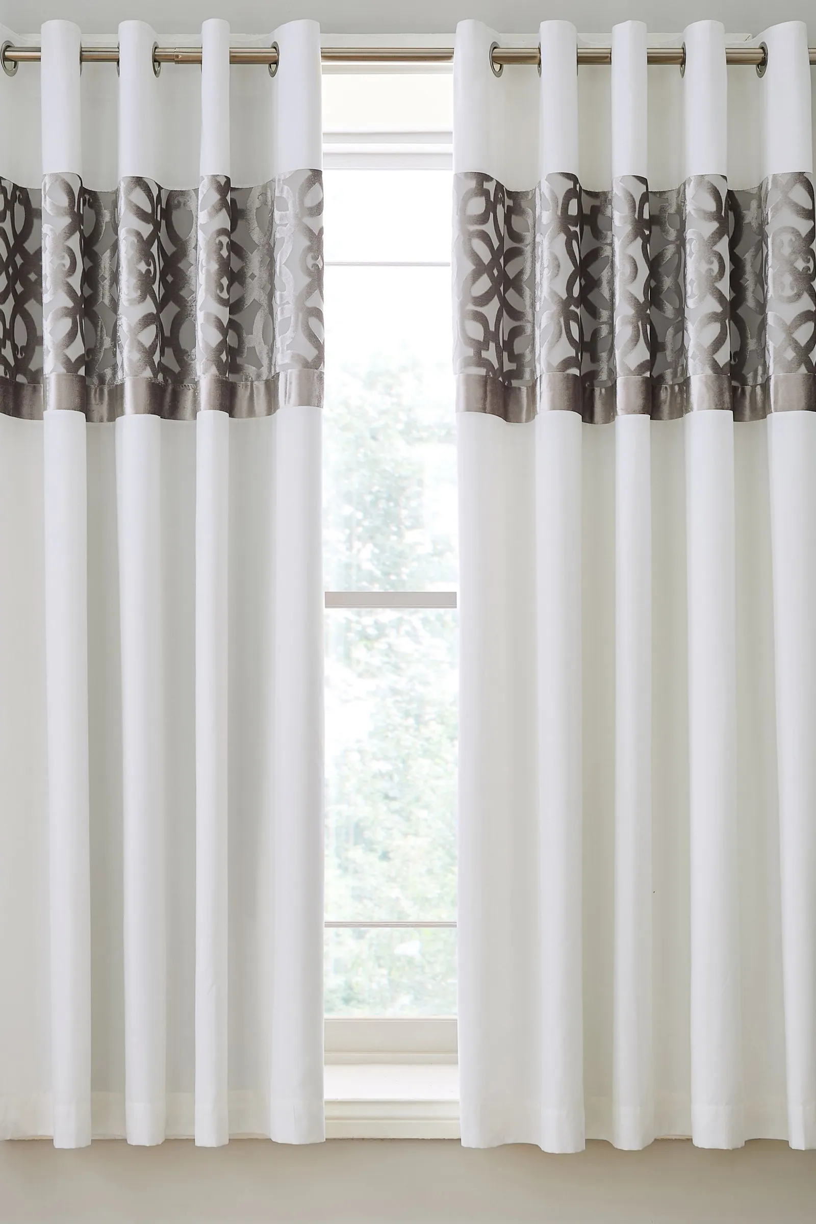 Catherine Lansfield 'Lattice Cut Velvet' Lined Eyelet Curtains in Natural 1