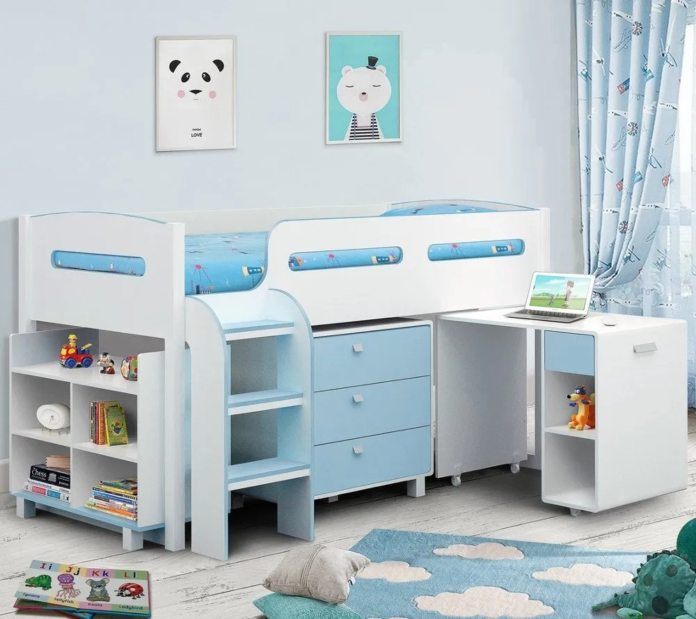 Wooden Kids Mid Sleeper Sleep Station Desk  Cabin Storage Bed Frame 3ft Single Kimbo Blue and White