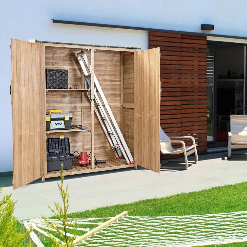 Costway Garden Storage Shed Outdoor Wooden Tool Storage Cabinet W/ Lockable Doors in Natural 4
