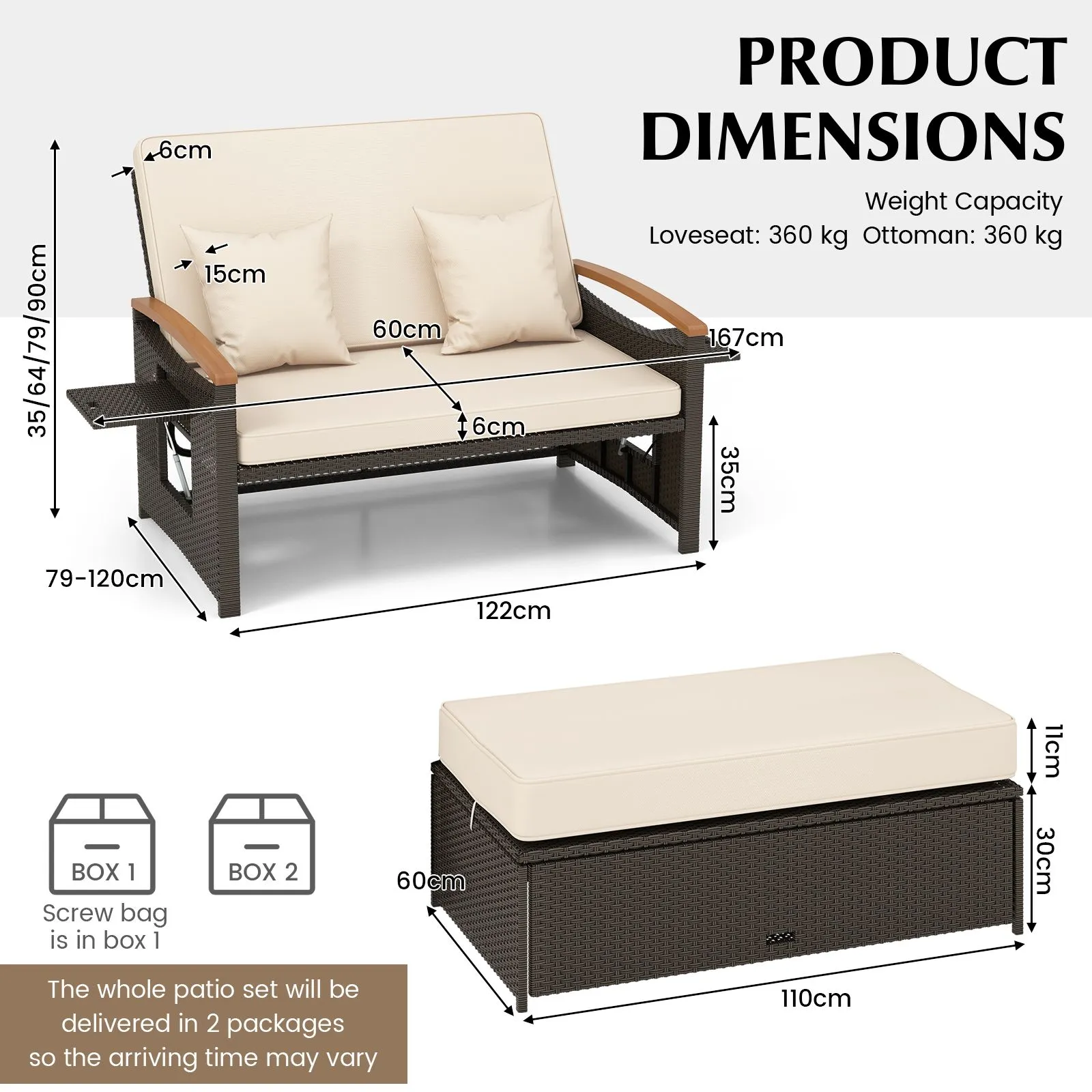 Costway Outdoor Wicker Daybed Rattan Woven Loveseat with Folding Panels & Storage Ottoman in Brown 2