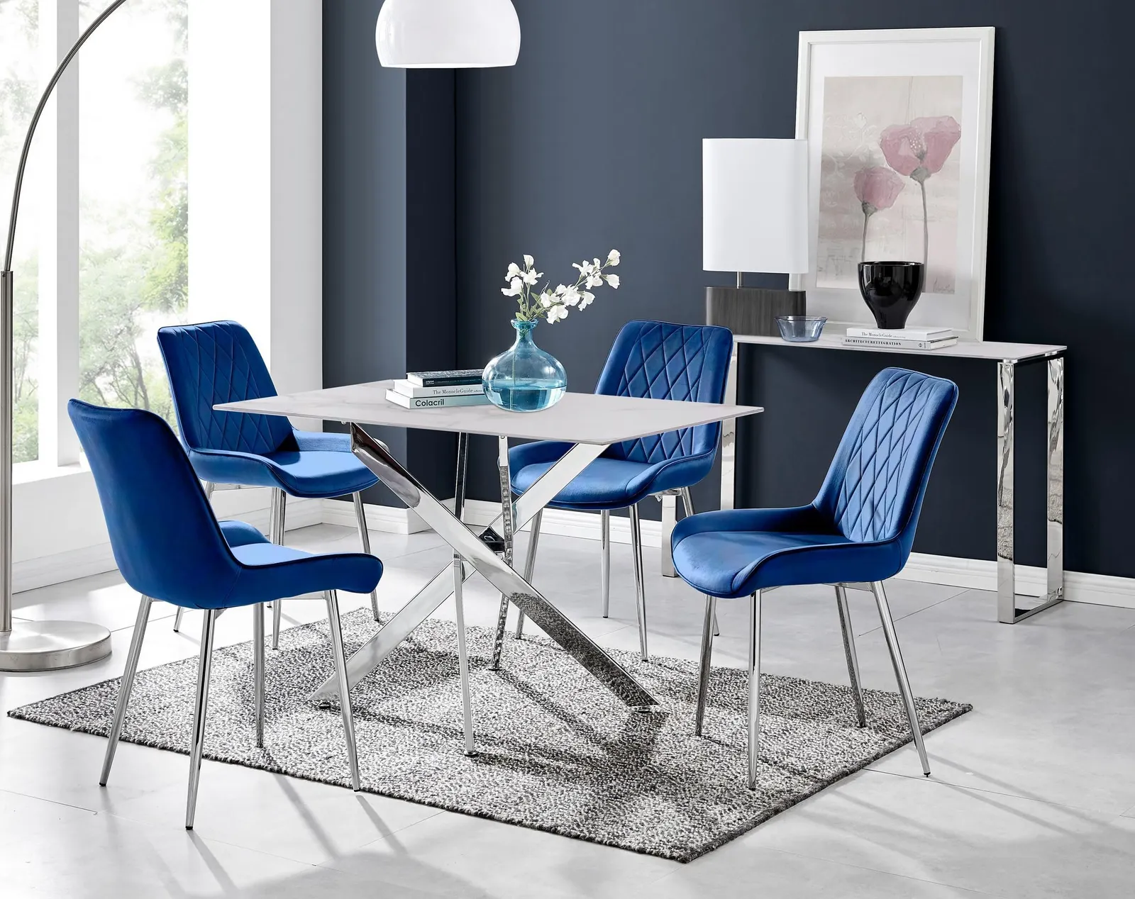 FurnitureboxUK Leonardo White Glass Marble Effect Silver Leg Table & 4 Pesaro Silver Chairs in Navy 1